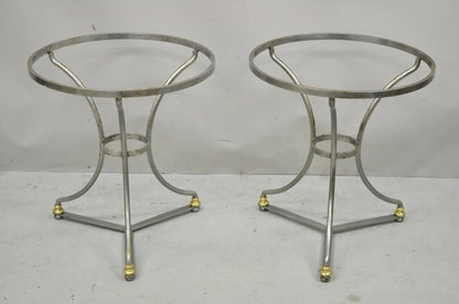 Italian Neoclassical Maison Jansen Style Steel & Brass Round End Tables - a Pair