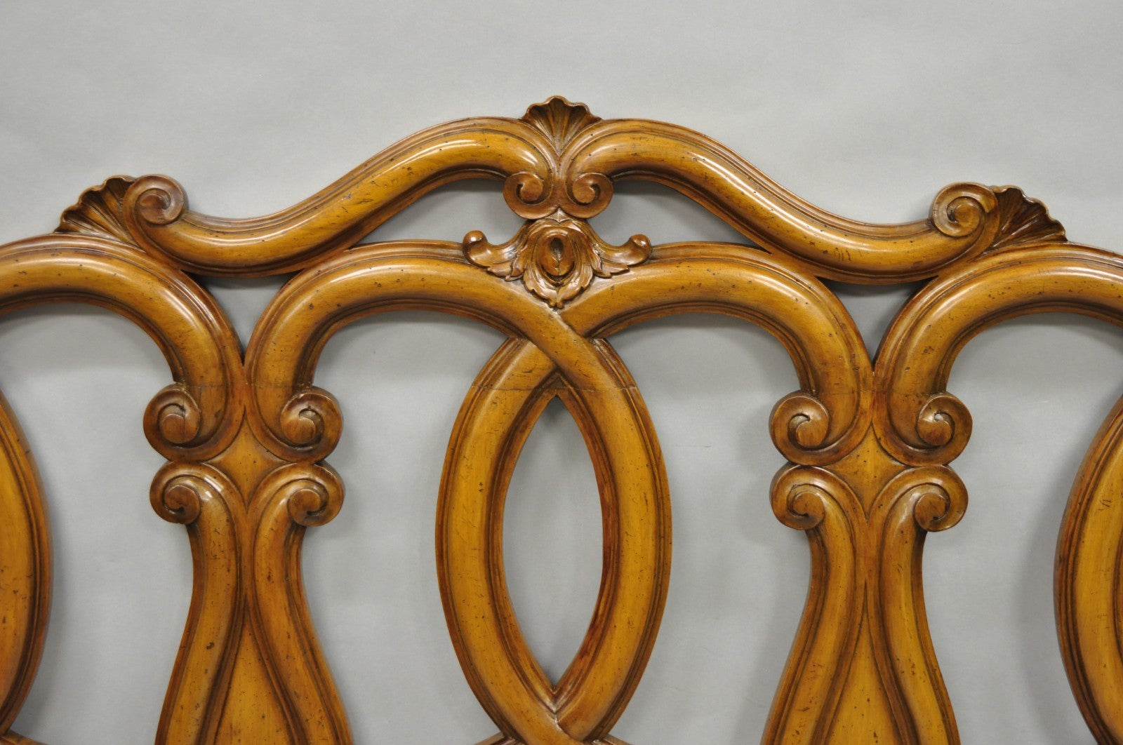 French Country Provincial Carved Fruitwood Walnut Scrolling Queen Bed Headboard