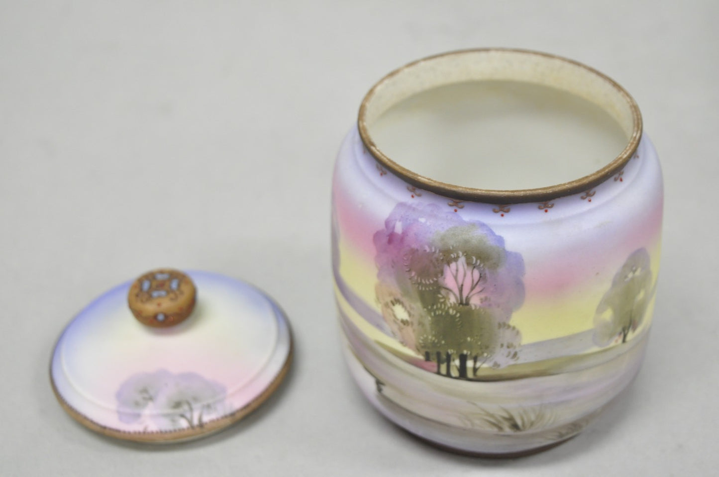 Antique Nippon Hand Painted Porcelain Countryside Lake Scene Covered Biscuit Jar