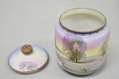 Antique Nippon Hand Painted Porcelain Countryside Lake Scene Covered Biscuit Jar