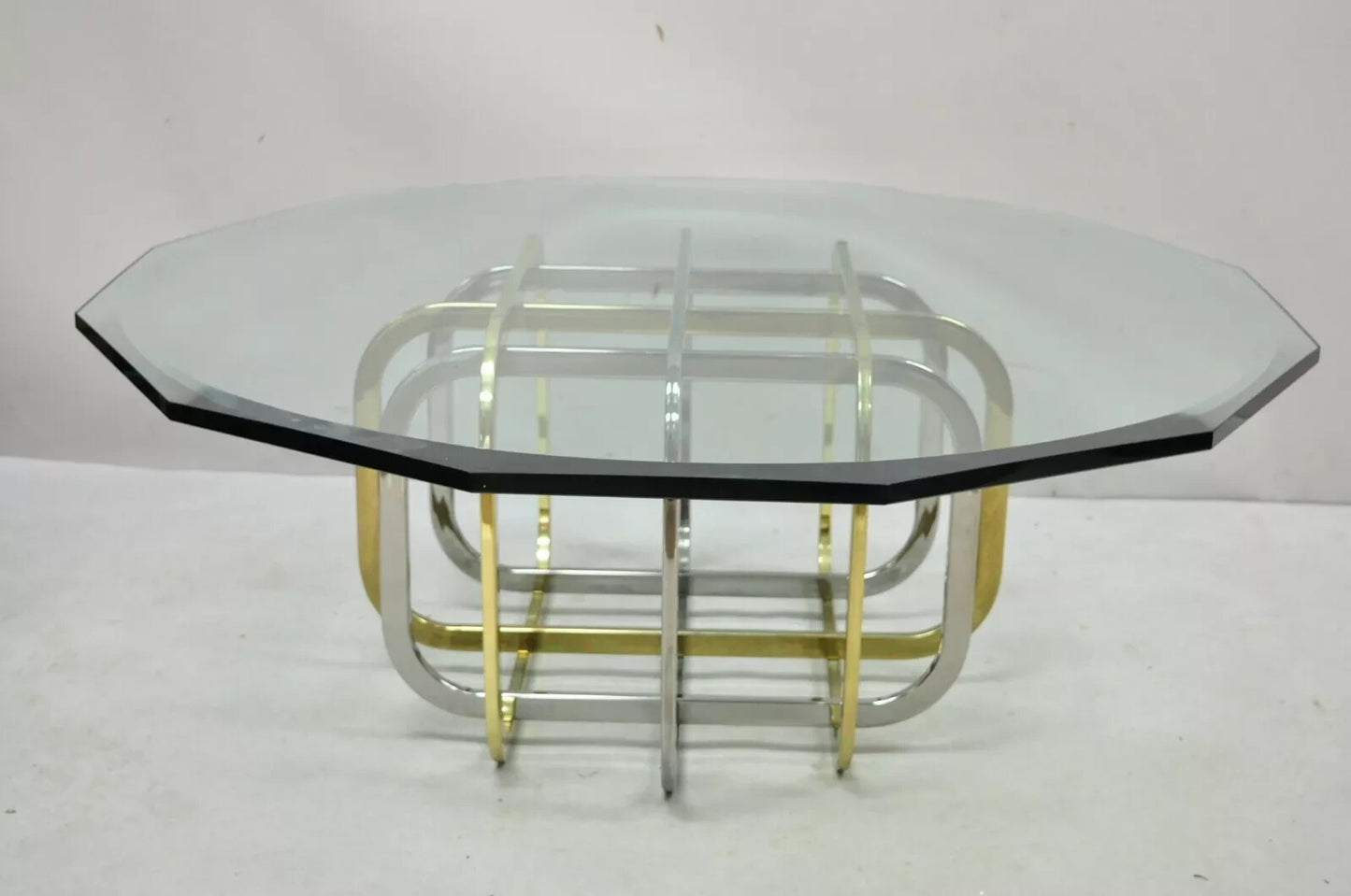 Mid Century Modern Pierre Cardin Style Brass & Chrome Glass Top Coffee Table