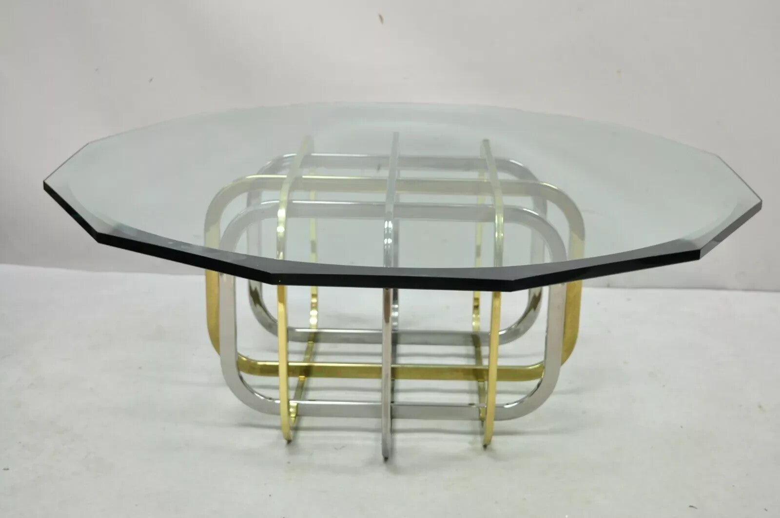 Mid Century Modern Pierre Cardin Style Brass & Chrome Glass Top Coffee Table
