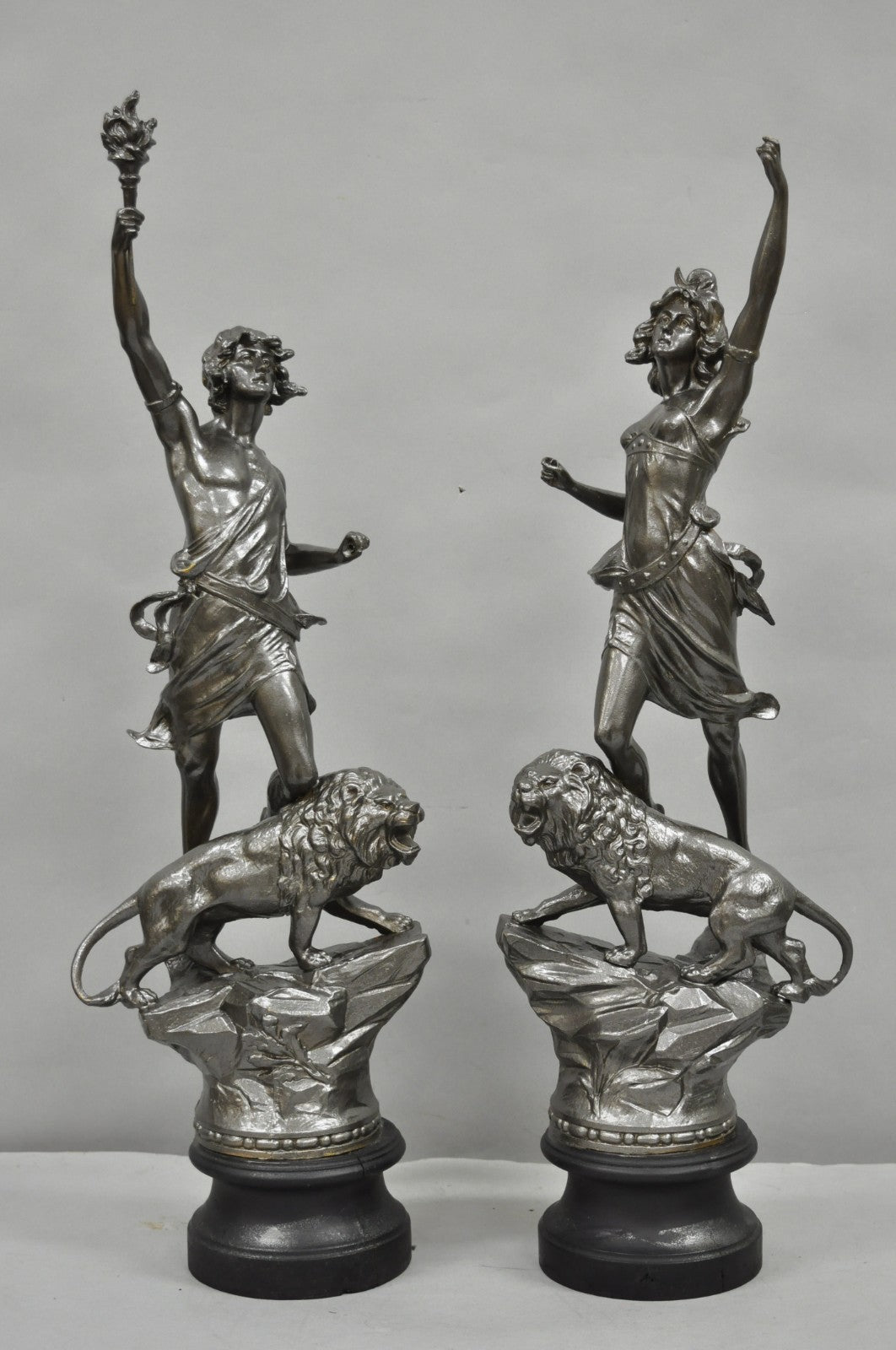 Antique French Renaissance "Le Force & Le Pouvoir" Spelter Metal Sculpture Pair