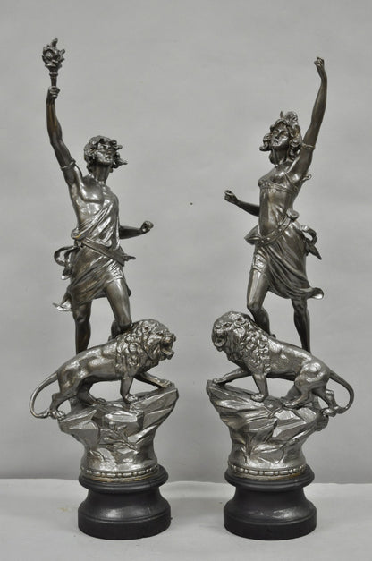 Antique French Renaissance "Le Force & Le Pouvoir" Spelter Metal Sculpture Pair