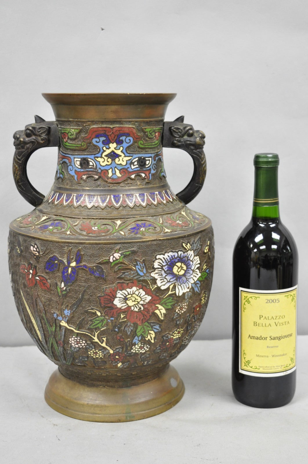 Antique Japanese Champleve Cloisonne Enamel Bronze Twin Handle 14" Vessel Vase