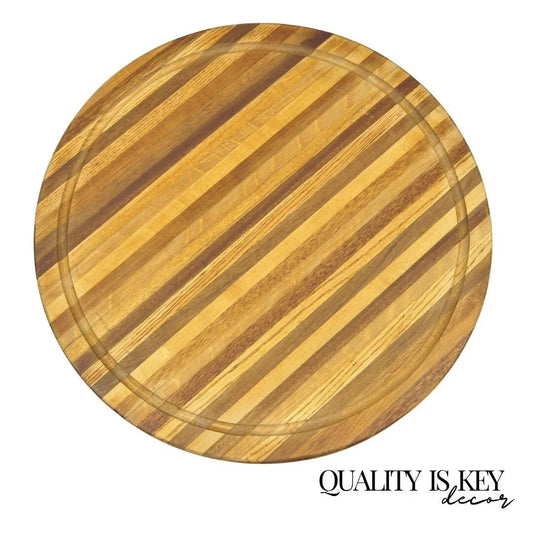 Mid Century Modern Teak & Oak Wood 24" Round Spinning Charcuterie Cutting Board