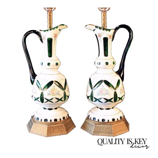 p020 DAZZLING LARGE Pair Antique Bohemian Glass Ewer Lamps coin dot Cut to Green