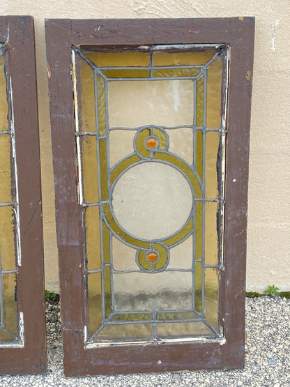 Antique Victorian Green Stained Glass Window Orange Jewel in Wood Frame Set of 3