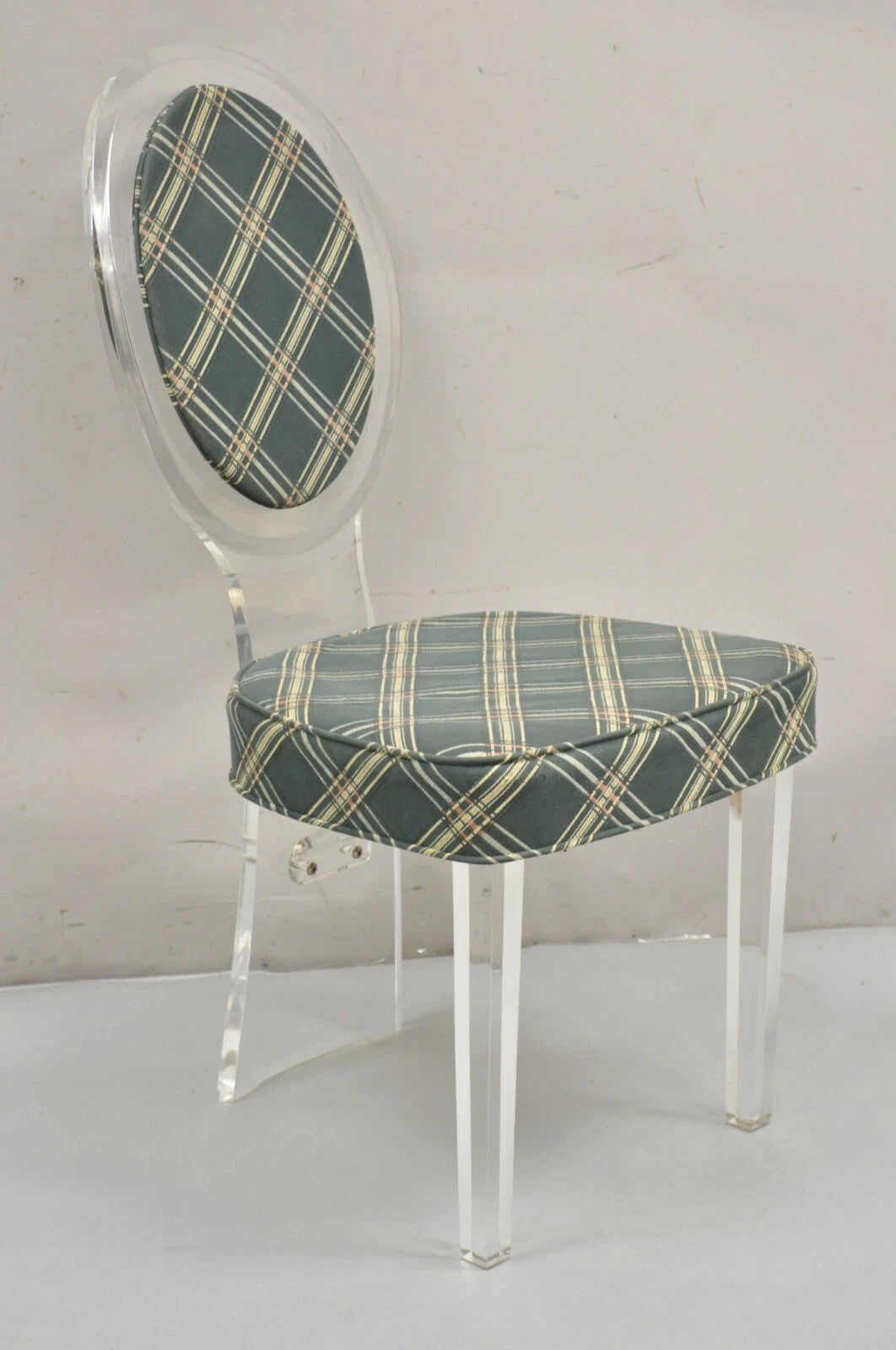 Vintage Hill Mid Century Modern Lucite Oval Back Upholstered Vanity Side Chair