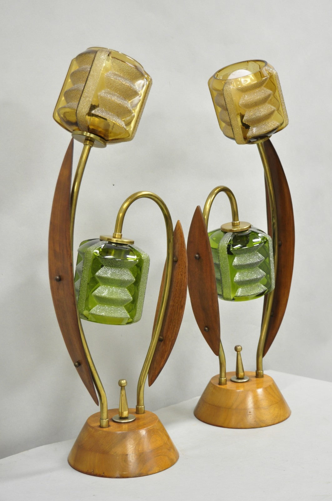 Vintage Mid Century Modern Walnut Tulip Flower Glass Shade Table Lamps - a Pair