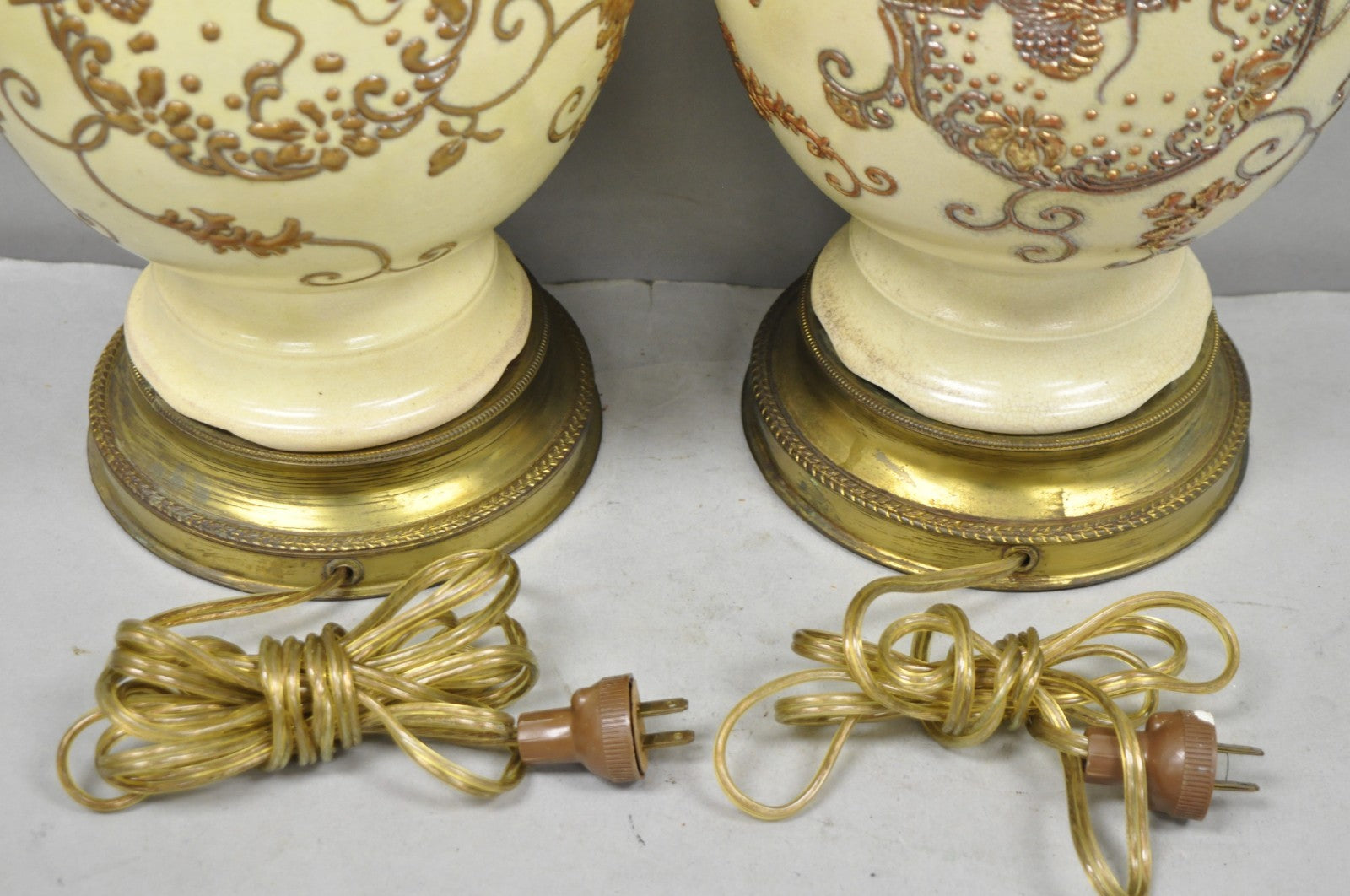 Antique Japanese Ceramic Beige Figural Dragon Vase Form Table Lamps - a Pair