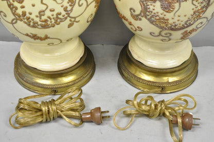 Antique Japanese Ceramic Beige Figural Dragon Vase Form Table Lamps - a Pair