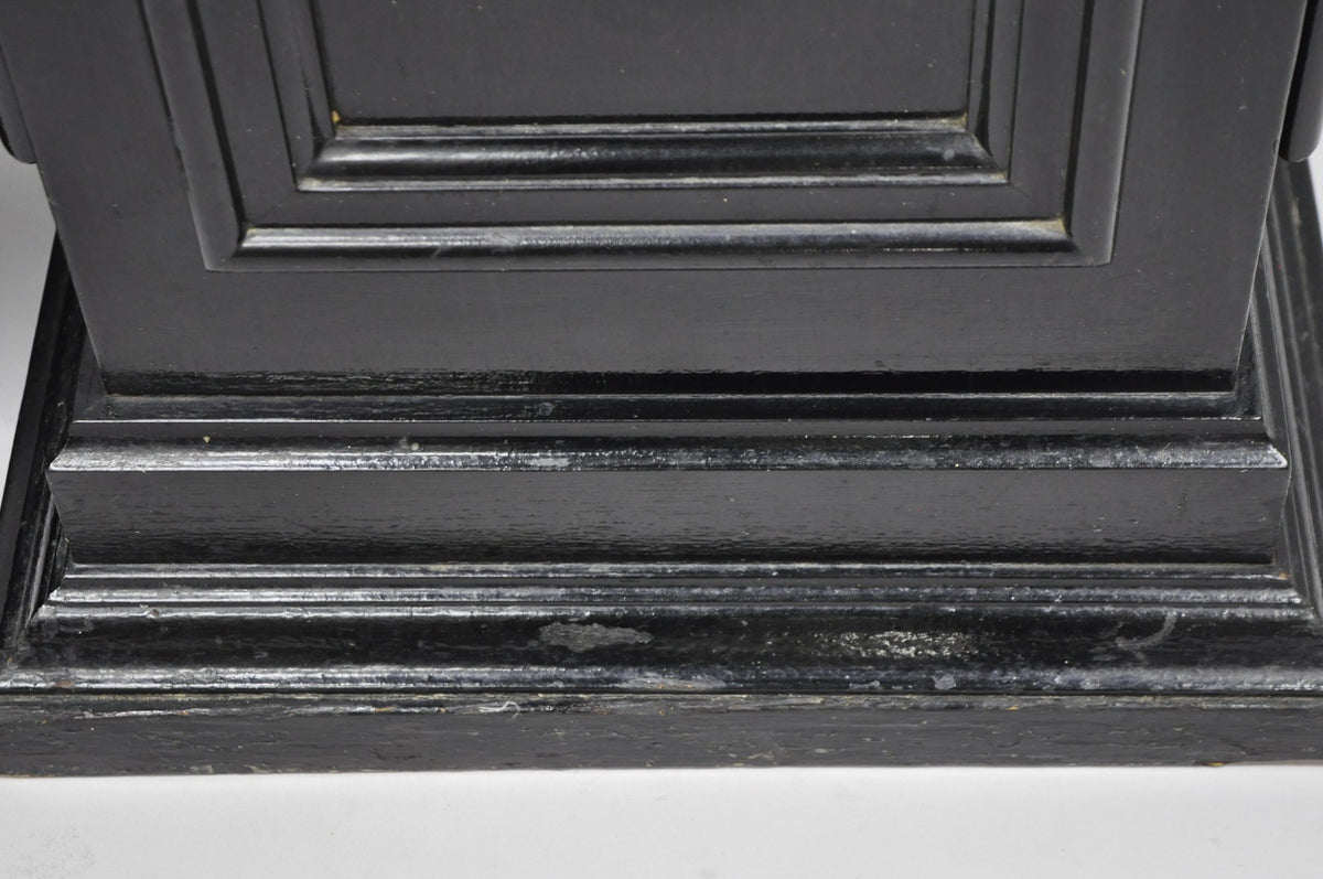 Vintage French Empire Style Black Lacquer Painted Pedestal Column End Table Pair