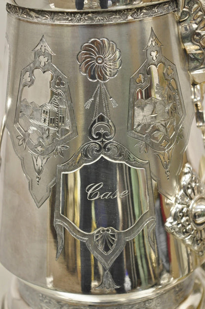 Victorian Racine Silver Plated Tilting Lemonade Water Pitcher on Stand w Goblets