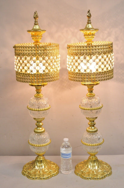 Vintage Italian Hollywoood Regency Gold Glass & Crystal Table Lamps - a Pair