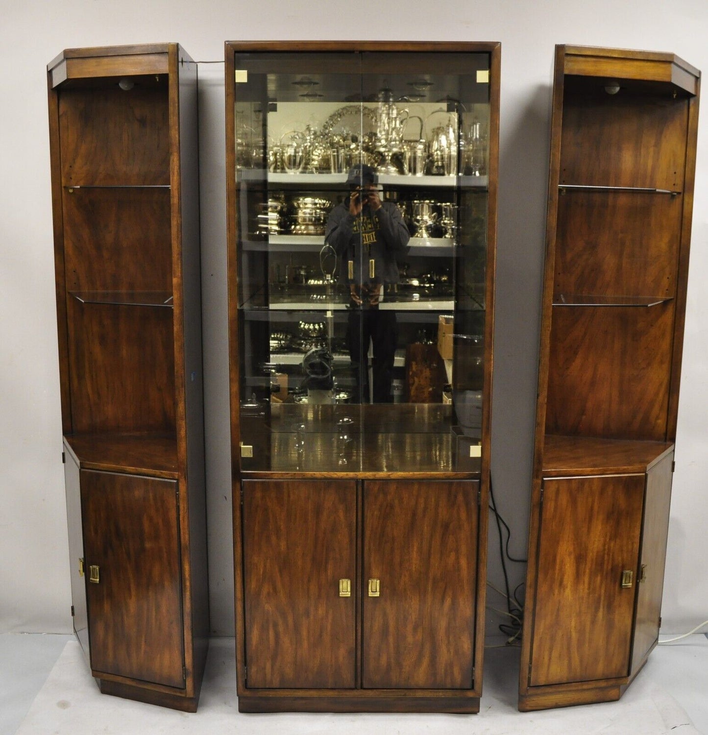 Drexel Heritage Modern Campaign Style 3 pc Lighted China Cabinet Curio Display