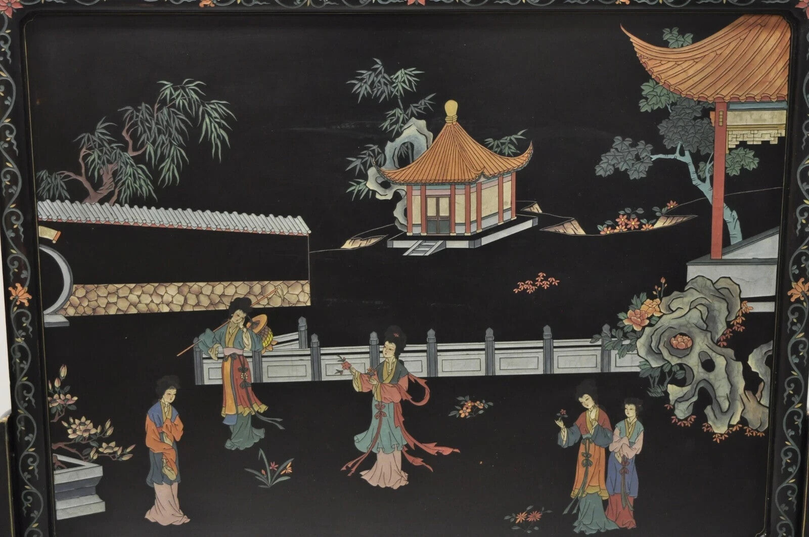 Vintage Chinese Black Lacquer Oriental Fireplace Screen Fire Screen Divider