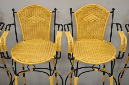 French Country Wrought Iron Woven Vinyl Rattan Bar Stools With Arms - Set of 4