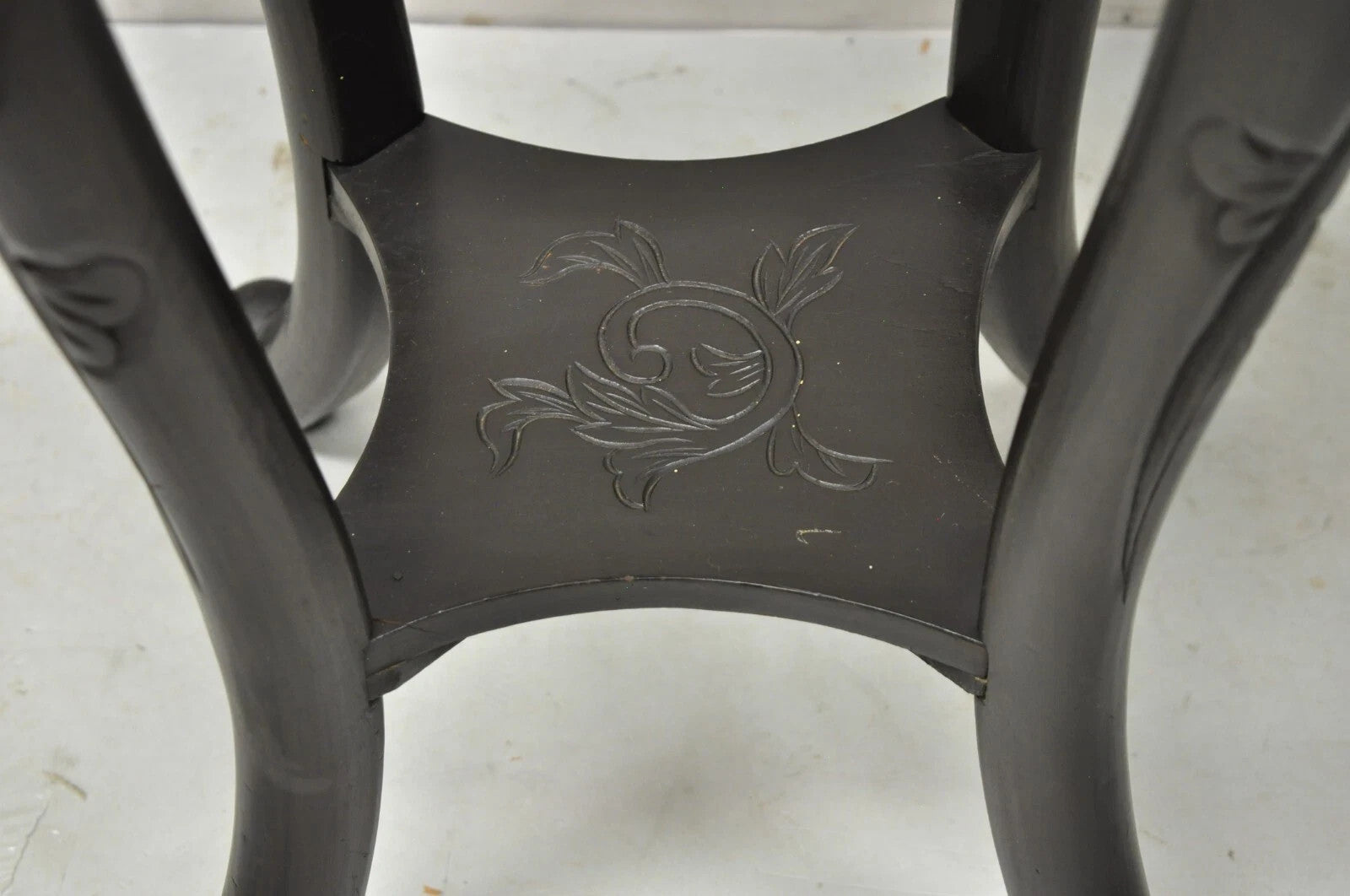 Japanese Carved Wood Black Ebonized 28" Plant Stand Lacquer Top Side Table