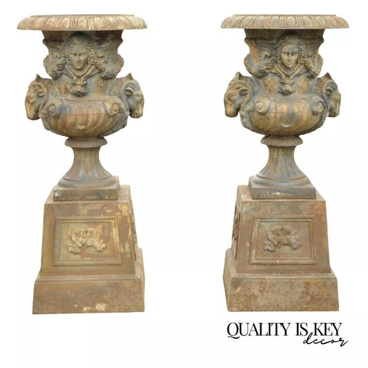 French Empire Regency Large Cast Iron Rams Head Garden Urn Planters - a Pair