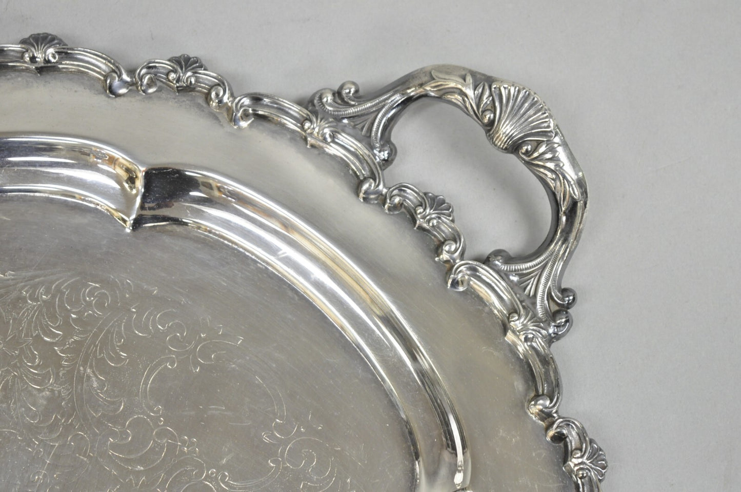 Vintage English Victorian Silver Plated Round Serving Platter Bar Tray w Handles