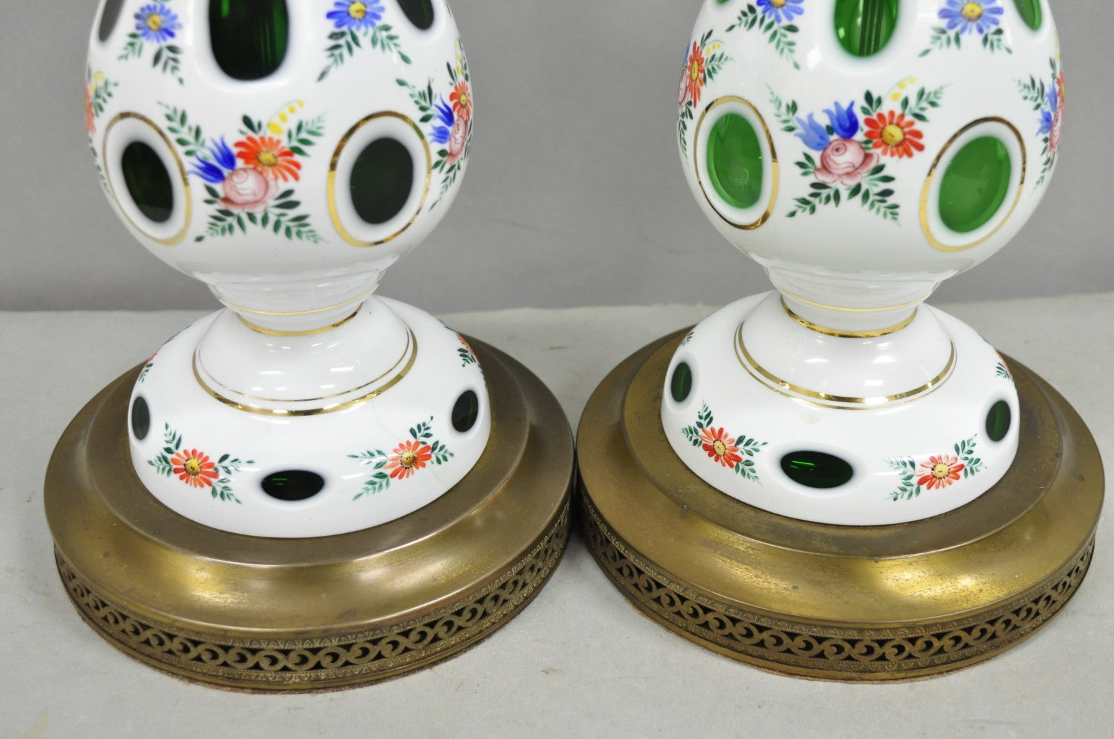 Antique Czech Bohemian Glass Emerald Green Flower Painted Table Lamps - a Pair