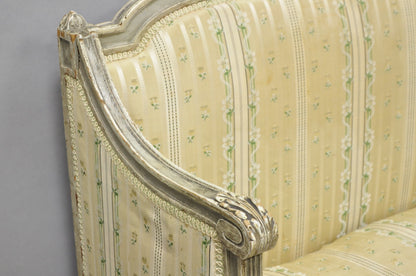 Antique French Louis XVI Style Cream Distress Painted Petite Canape Settee Sofa