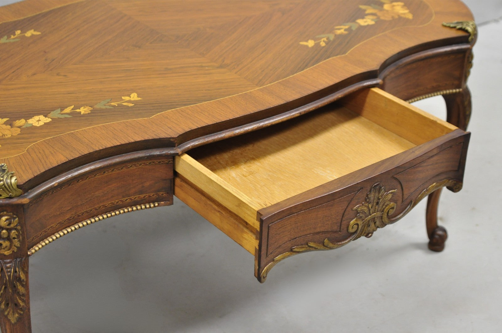 Antique French Louis XV Style Floral Inlay Walnut Coffee Table with Drawer