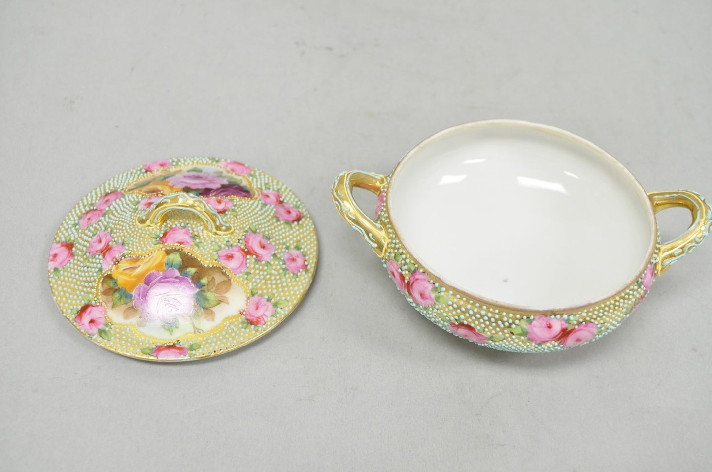 Antique Nippon Hand Painted Gold Gilt Porcelain Green Moriage Covered Sugar Bowl