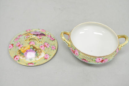 Antique Nippon Hand Painted Gold Gilt Porcelain Green Moriage Covered Sugar Bowl