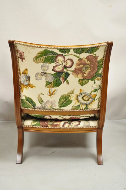 Vintage French Regency Style Floral Print Mahogany Bergere Lounge Chairs - Pair
