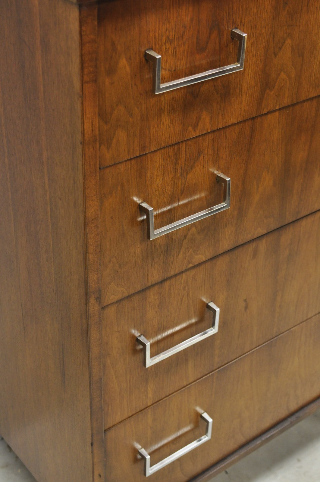 Vintage Mid Century Modern Walnut Veneer 4 Drawer Chrome Pull Tall Chest Dresser