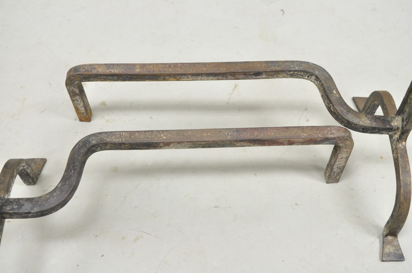 Antique French Art Nouveau Hand Hammered Wrought Iron & Bronze Andirons - a Pair