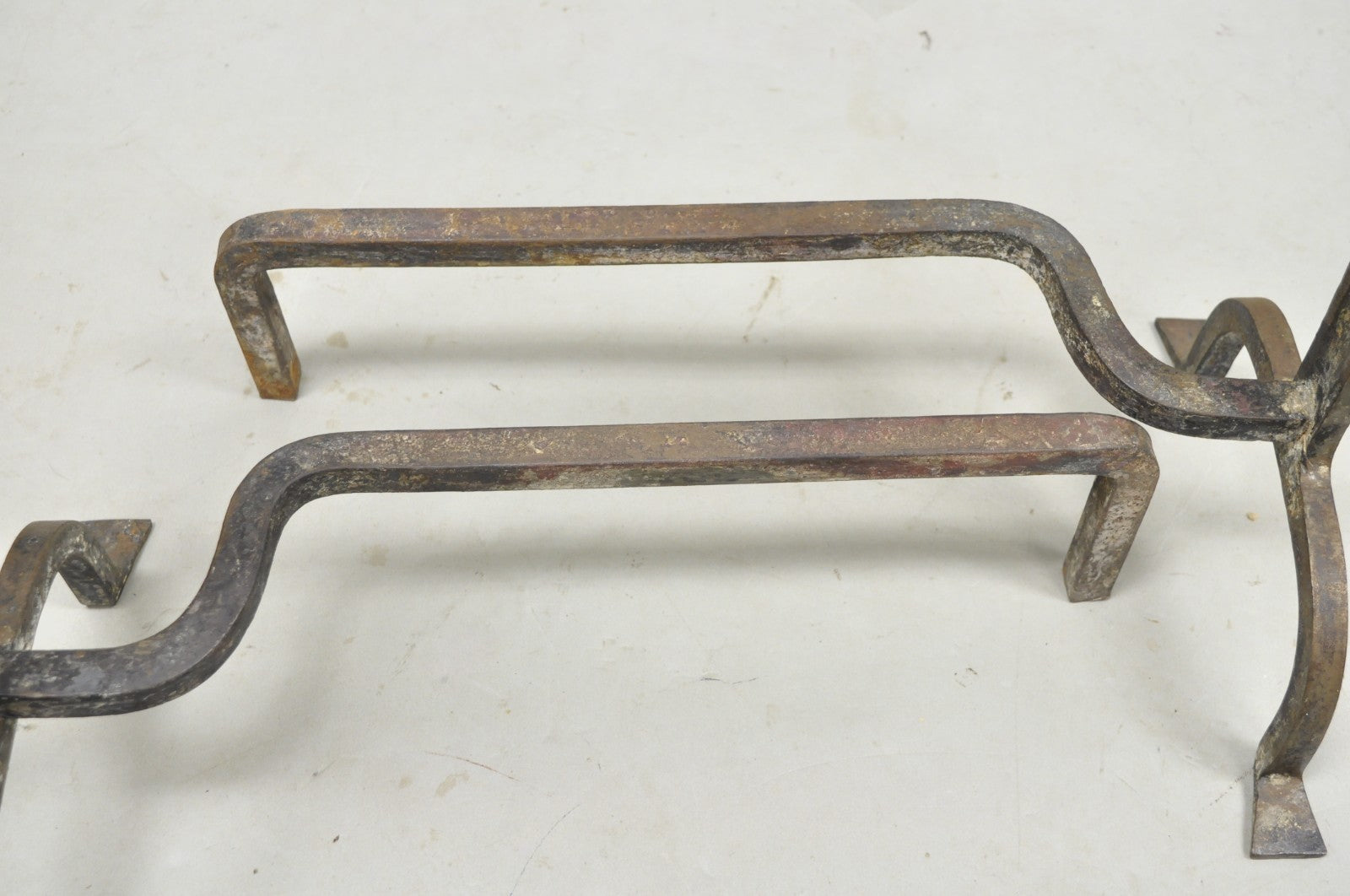 Antique French Art Nouveau Hand Hammered Wrought Iron & Bronze Andirons - a Pair