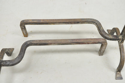 Antique French Art Nouveau Hand Hammered Wrought Iron & Bronze Andirons - a Pair