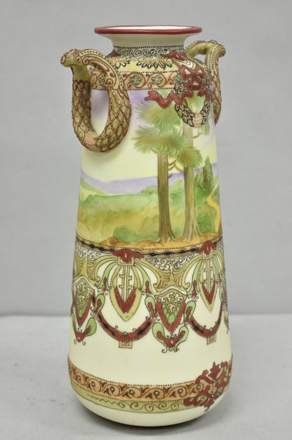 Antique Nippon Hand Painted Porcelain Countryside Moriage Tall Twin Handle Vase