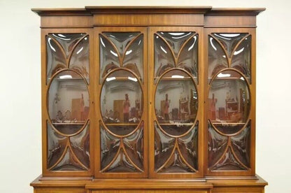 Georgian Style Mahogany Satinwood Inlay Breakfront Bookcase Bubble Glass Cabinet