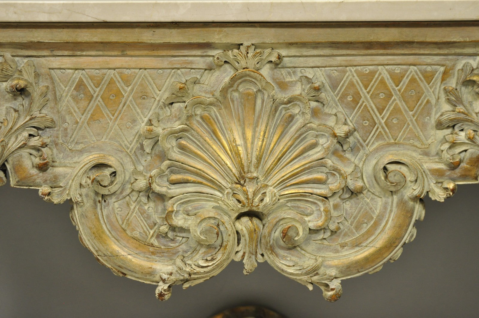 Antique French Louis XV Rococo Style Shell Carved 68" Marble Top Console Table