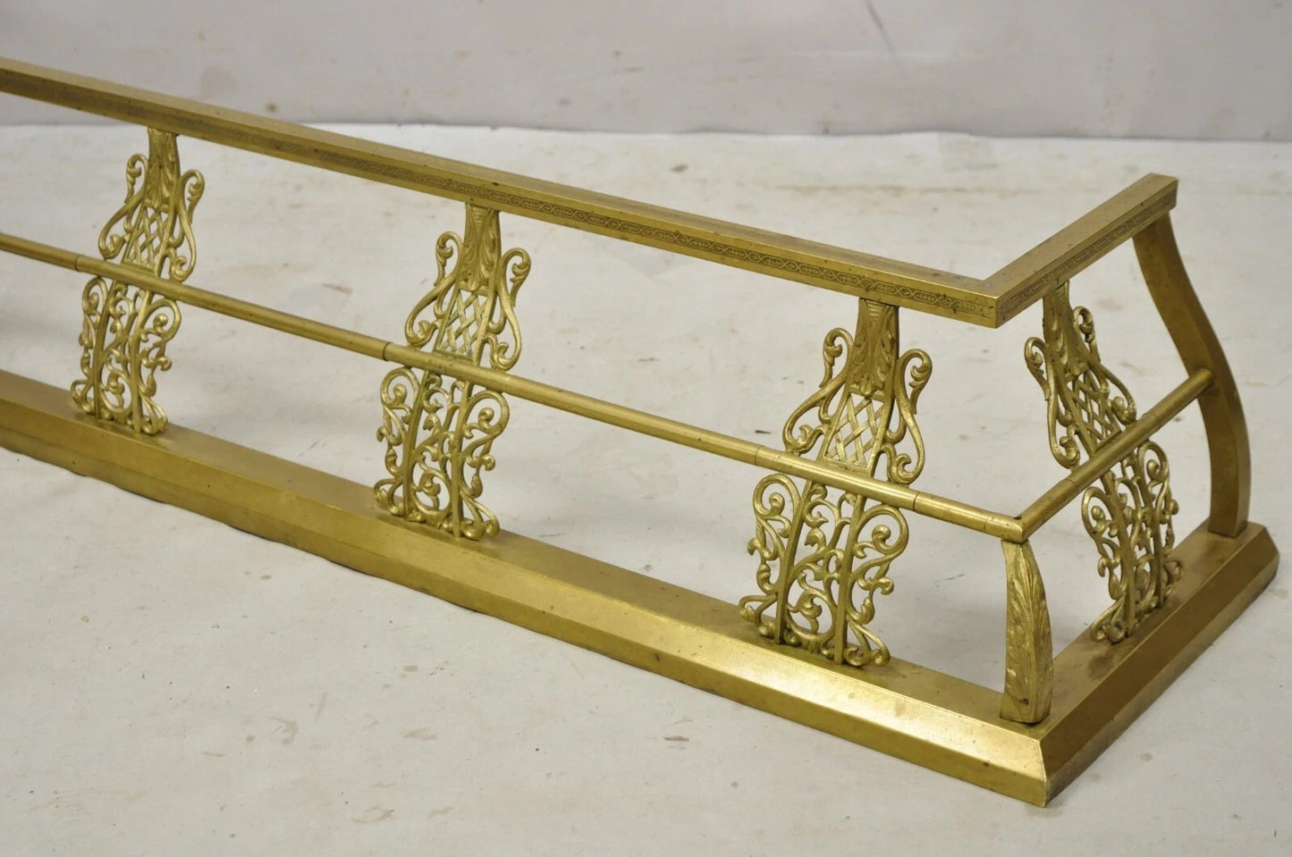 Antique Victorian Brass Scroll Accented 58" Fireplace Hearth Fender Surround