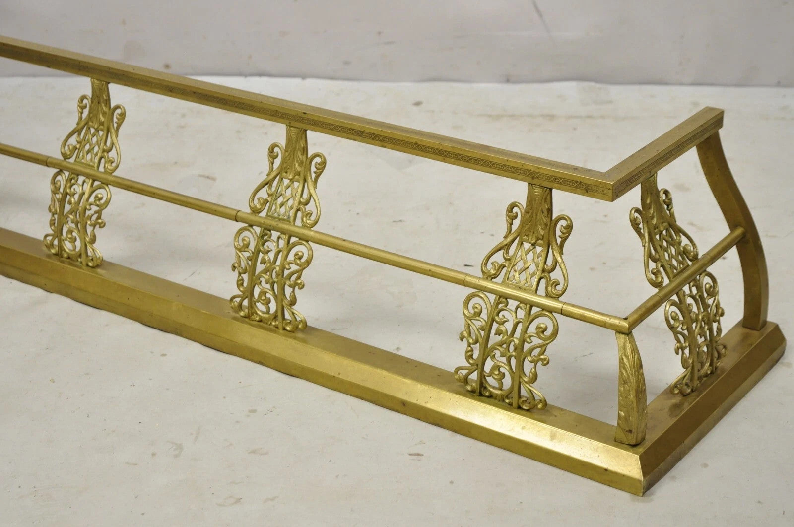 Antique Victorian Brass Scroll Accented 58" Fireplace Hearth Fender Surround