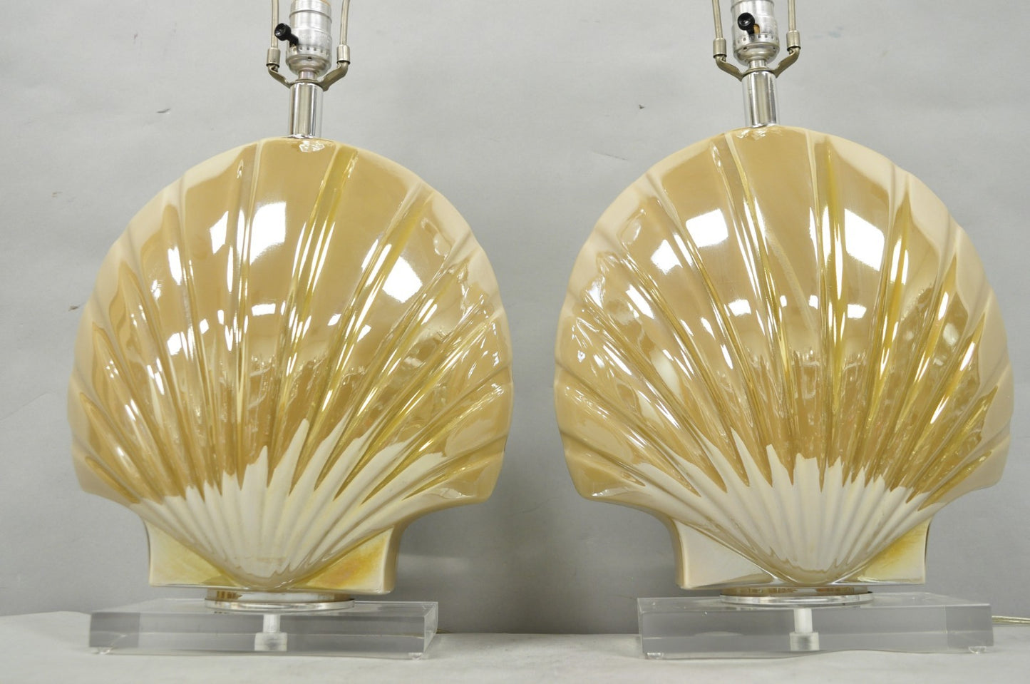 Mid Century Modern Iridescent Gold Ceramic Pottery Clam Shell Table Lamp - Pair