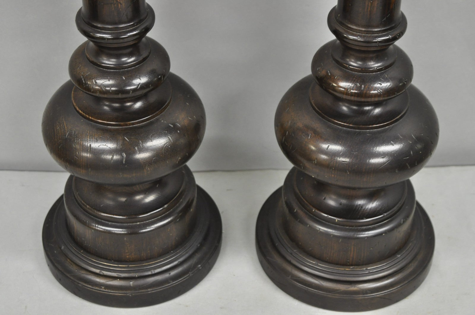 Vintage French Country Farmhouse Distressed Solid Carved Wood Table Lamps - Pair