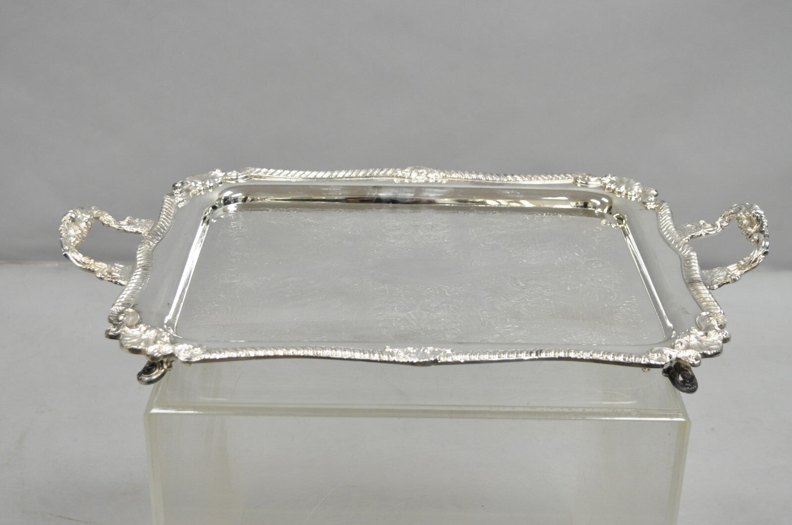 Vintage Sheridan Victorian Silver Plated Ornate Bar Serving Platter Tray