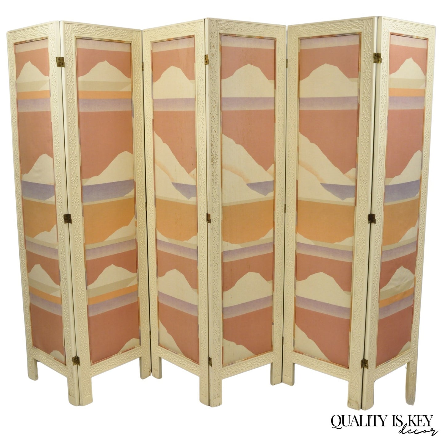Vintage Oriental Fretwork Bone Lacquer Upholstered 6 Panel Room Divider Screen