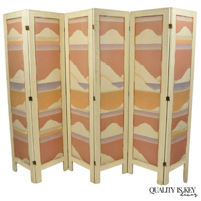 Vintage Oriental Fretwork Bone Lacquer Upholstered 6 Panel Room Divider Screen
