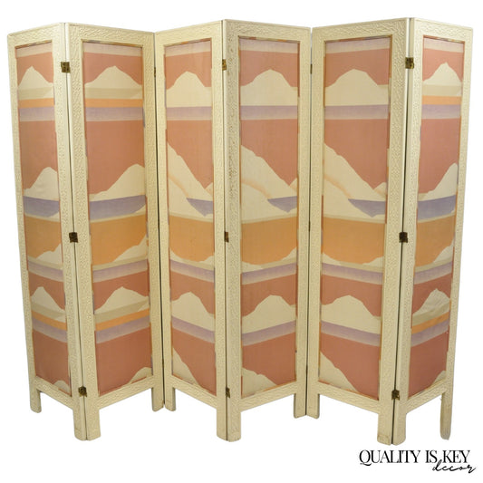 Vintage Oriental Fretwork Bone Lacquer Upholstered 6 Panel Room Divider Screen