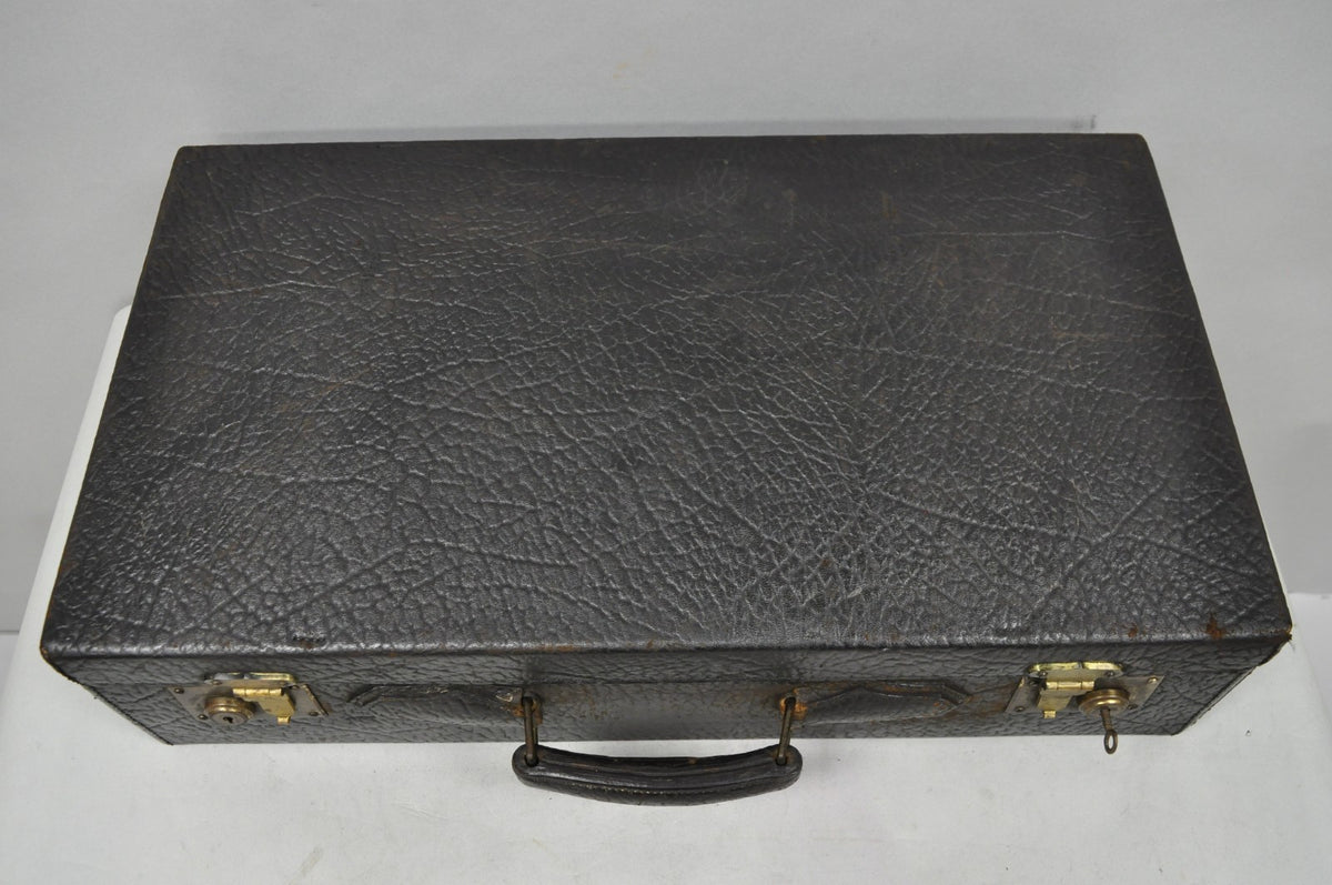 Vintage German Art Deco Dark Brown Black Buffalo Leather Travel Suitcase Luggage