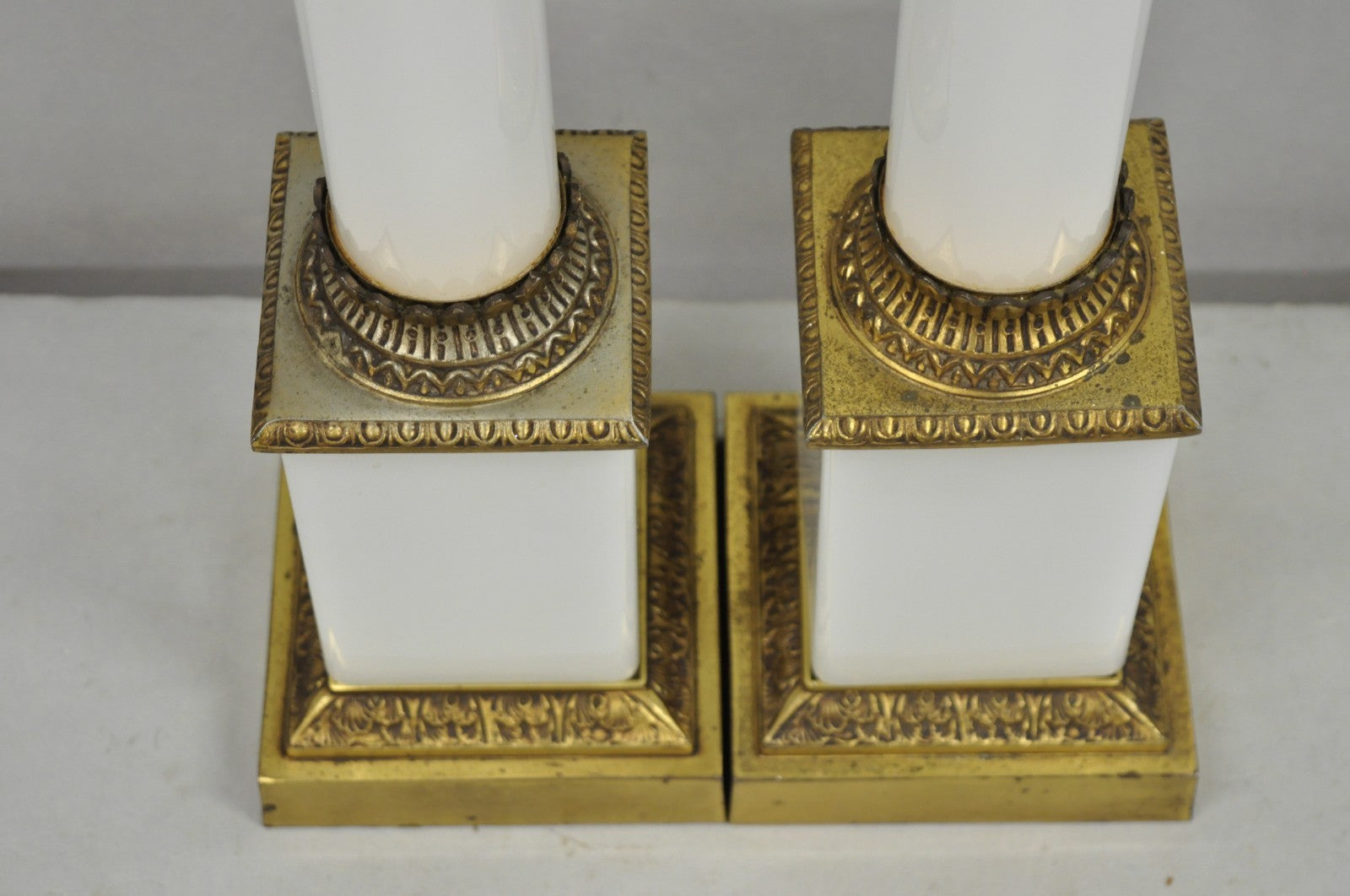 Vintage French Empire Neoclassical White Milk Glass Column Table Lamps - a Pair