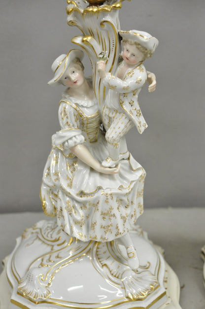 Antique Meissen Porcelain German Figural Lighted Candlestick Table Lamps - Pair