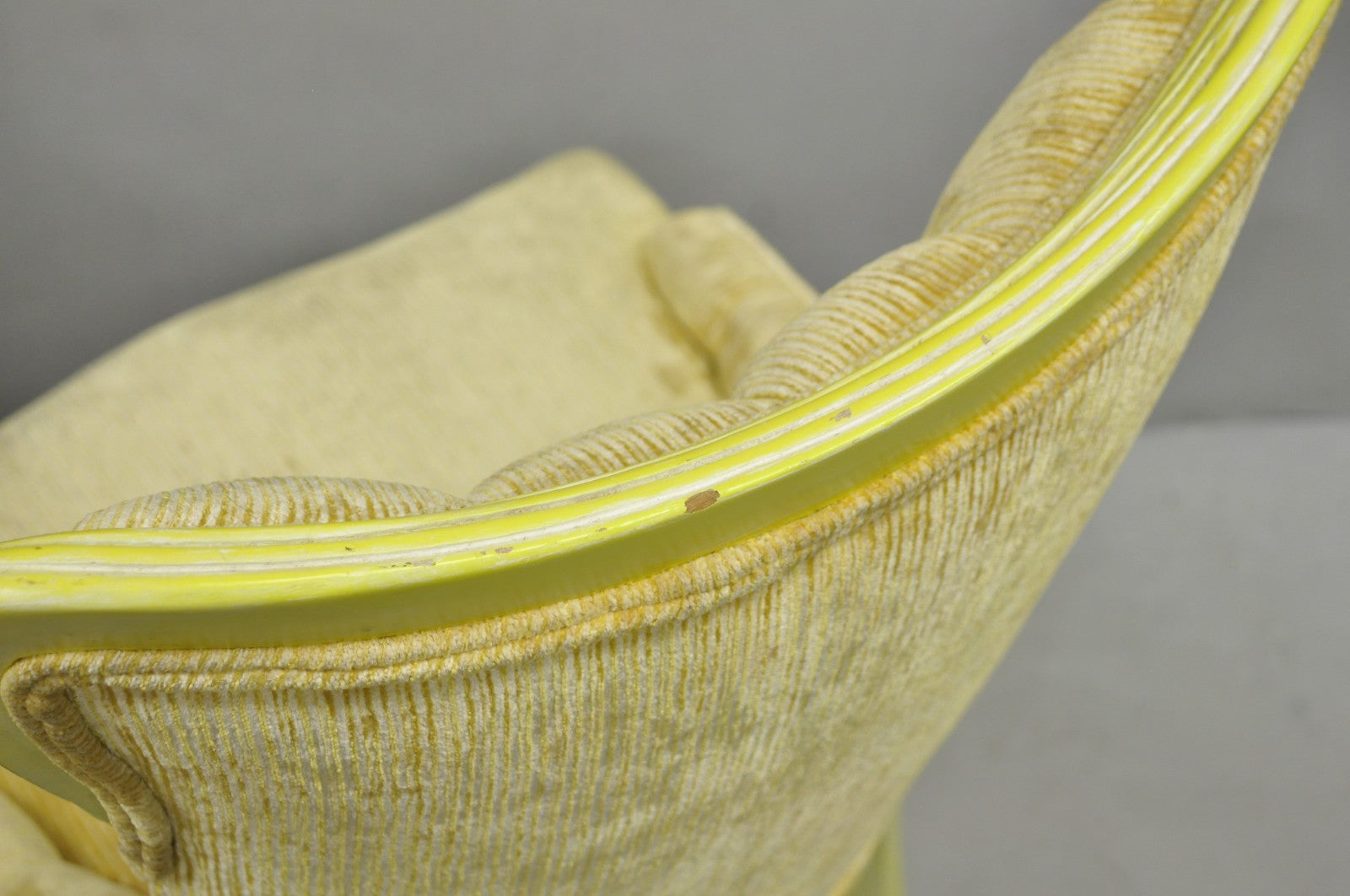 Vintage French Hollywood Regency Yellow Tufted Drape Carved Side Chairs - a Pair